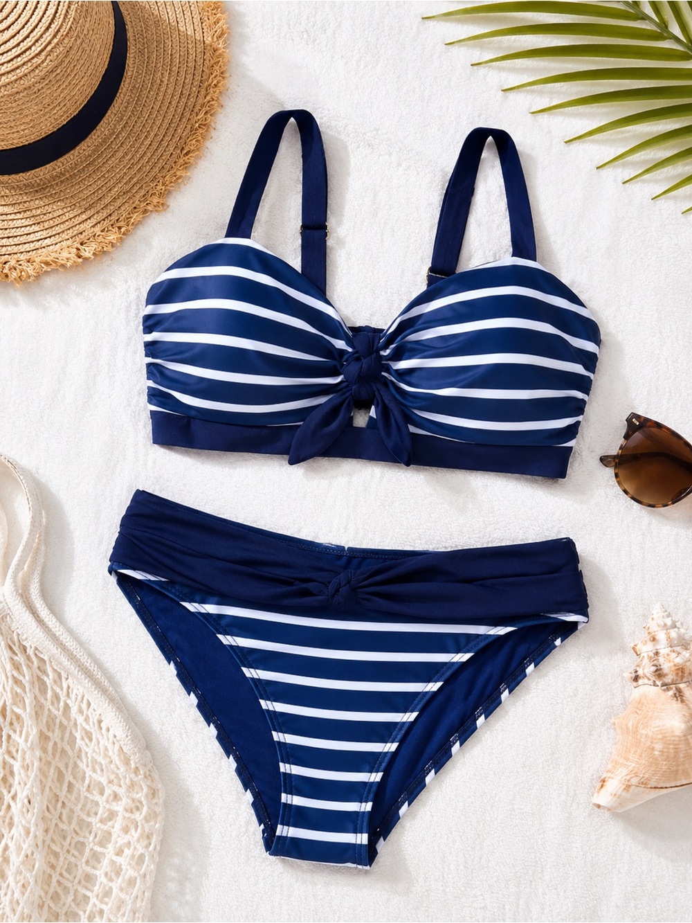 AquaShape Navy Blue Stripe Bikini Set Tie Front Swimsuit UPF 50 Medium